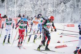 26.11.2023, Ruka, Finland (FIN): Stefan Rettenegger (AUT), Jarl Magnus Riiber (NOR), Johannes Rydzek (GER), (l-r)  - FIS world cup nordic combined men, mass HS142/10km, Ruka (FIN). www.nordicfocus.com. © Thibaut/NordicFocus. Every downloaded picture is fee-liable.