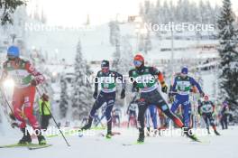 26.11.2023, Ruka, Finland (FIN): Thomas Rettenegger (AUT), Laurent Muhlethaler (FRA), Julian Schmid (GER), (l-r)  - FIS world cup nordic combined men, mass HS142/10km, Ruka (FIN). www.nordicfocus.com. © Thibaut/NordicFocus. Every downloaded picture is fee-liable.