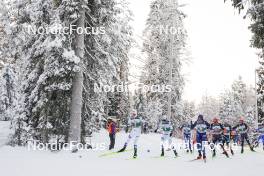 26.11.2023, Ruka, Finland (FIN): Joergen Graabak (NOR), Jens Luraas Oftebro (NOR), Eero Hirvonen (FIN), Stephen Schumann (USA), Johannes Rydzek (GER), Julian Schmid (GER), (l-r)  - FIS world cup nordic combined men, mass HS142/10km, Ruka (FIN). www.nordicfocus.com. © Thibaut/NordicFocus. Every downloaded picture is fee-liable.