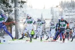 26.11.2023, Ruka, Finland (FIN): Joergen Graabak (NOR), Jens Luraas Oftebro (NOR), Andreas Skoglund (NOR), Manuel Faisst (GER), (l-r)  - FIS world cup nordic combined men, mass HS142/10km, Ruka (FIN). www.nordicfocus.com. © Thibaut/NordicFocus. Every downloaded picture is fee-liable.