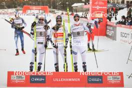 02.12.2023, Lillehammer, Norway (NOR): Jens Luraas Oftebro (NOR), Jarl Magnus Riiber (NOR), Joergen Graabak (NOR), (l-r) - FIS world cup nordic combined men, individual gundersen HS98/10km, Lillehammer (NOR). www.nordicfocus.com. © Authamayou/NordicFocus. Every downloaded picture is fee-liable.