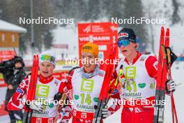 15.12.2023, Ramsau, Austria (AUT): Jonas Fischbacher (AUT), Franz-Josef Rehrl (AUT), Paul Walcher (AUT), (l-r)  - FIS world cup nordic combined men, mass HS98/10km, Ramsau (AUT). www.nordicfocus.com. © Volk/NordicFocus. Every downloaded picture is fee-liable.