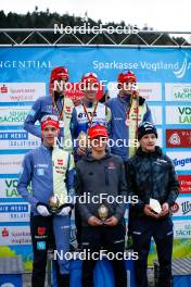 14.10.2023, Klingenthal, Germany (GER): Tristan Sommerfeldt (GER), Richard Stenzel (GER), Benedikt Graebert (GER), Lucas Mach (GER), Jonathan Graebert (GER), Ansgar Schupp (GER) (l-r) - German Championships Nordic Combined men and women, individual gundersen HS140/10km men, Klingenthal (GER). www.nordicfocus.com. © Volk/NordicFocus. Every downloaded picture is fee-liable.