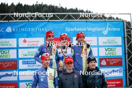 14.10.2023, Klingenthal, Germany (GER): Tristan Sommerfeldt (GER), Richard Stenzel (GER), Benedikt Graebert (GER), Lucas Mach (GER), Jonathan Graebert (GER), Ansgar Schupp (GER), (l-r) - German Championships Nordic Combined men and women, individual gundersen HS140/10km men, Klingenthal (GER). www.nordicfocus.com. © Volk/NordicFocus. Every downloaded picture is fee-liable.