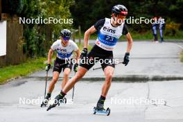 14.10.2023, Klingenthal, Germany (GER): David Mach (GER), Johannes Rydzek (GER), (l-r)  - German Championships Nordic Combined men and women, individual gundersen HS140/10km men, Klingenthal (GER). www.nordicfocus.com. © Volk/NordicFocus. Every downloaded picture is fee-liable.