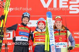 28.01.2023, Seefeld, Austria (AUT): Annika Sieff (ITA), Gyda Westvold Hansen (NOR), Nathalie Armbruster (GER), (l-r) - FIS world cup nordic combined women, individual gundersen HS109/5km, Seefeld (AUT). www.nordicfocus.com. © Volk/NordicFocus. Every downloaded picture is fee-liable.