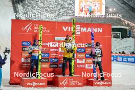 09.12.2023, Klingenthal, Germany (GER): Stefan Kraft (AUT), Karl Geiger (GER), Ryoyu Kobayashi (JPN), (l-r) - FIS world cup ski jumping men, individual HS140, Klingenthal (GER). www.nordicfocus.com. © Thibaut/NordicFocus. Every downloaded picture is fee-liable