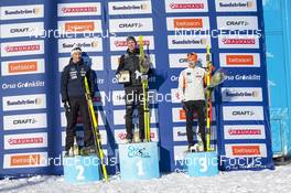 18.02.2023, Groenklitt, Sweden (SWE): Novak Max (SWE), Persson Emil (SWE), Hoelgaard Stian (NOR), (l-r) - Ski Classics Criterium Orsa Groenklitt - Groenklitt (SWE). www.nordicfocus.com. © Thibaut/NordicFocus. Every downloaded picture is fee-liable.