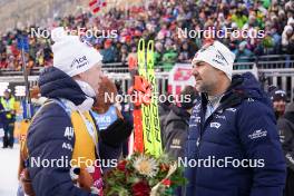 14.01.2024, Ruhpolding, Germany (GER): Johannes Thingnes Boe (NOR), Siegfried Mazet (FRA) coach team Norway, (l-r) - IBU World Cup Biathlon, pursuit men, Ruhpolding (GER). www.nordicfocus.com. © Thibaut/NordicFocus. Every downloaded picture is fee-liable.