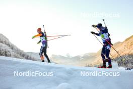 11.01.2024, Ruhpolding, Germany (GER): Johannes Kuehn (GER), Emilien Jacquelin (FRA), (l-r) - IBU World Cup Biathlon, relay men, Ruhpolding (GER). www.nordicfocus.com. © Manzoni/NordicFocus. Every downloaded picture is fee-liable.
