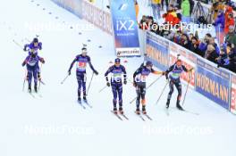 11.01.2024, Ruhpolding, Germany (GER): Campbell Wright (USA), Sean Doherty (USA), Eric Perrot (FRA), Emilien Jacquelin (FRA), Justus Strelow (GER), Johannes Kuehn (GER), (l-r) - IBU World Cup Biathlon, relay men, Ruhpolding (GER). www.nordicfocus.com. © Manzoni/NordicFocus. Every downloaded picture is fee-liable.