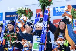 10.01.2024, Ruhpolding, Germany (GER): Julia Simon (FRA), Sophie Chauveau (FRA), Jeanne Richard (FRA), Lou Jeanmonnot (FRA), (l-r) - IBU World Cup Biathlon, relay women, Ruhpolding (GER). www.nordicfocus.com. © Manzoni/NordicFocus. Every downloaded picture is fee-liable.