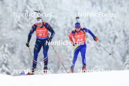 13.01.2024, Ruhpolding, Germany (GER): Emilien Jacquelin (FRA), Dmitrii Shamaev (ROU), (l-r) - IBU World Cup Biathlon, sprint men, Ruhpolding (GER). www.nordicfocus.com. © Manzoni/NordicFocus. Every downloaded picture is fee-liable.