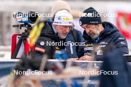 09.01.2024, Ruhpolding, Germany (GER): Jean Paul Giachino (FRA), coach Team France, Jean-Pierre Amat (FRA), Olympic Champion and shooting coach Team France, (l-r) - IBU World Cup Biathlon, training, Ruhpolding (GER). www.nordicfocus.com. © Thibaut/NordicFocus. Every downloaded picture is fee-liable.