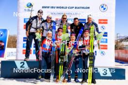 09.03.2024, Soldier Hollow, United States of America (USA): Siegfried Mazet (FRA) coach team Norway, Ingrid Landmark Tandrevold (NOR), Karoline Offigstad Knotten (NOR), Ida Lien (NOR), Juni Arnekleiv (NOR), Patrick Oberegger (ITA) coach Team Norway, (l-r) - IBU World Cup Biathlon, relay women, Soldier Hollow (USA). www.nordicfocus.com. © Manzoni/NordicFocus. Every downloaded picture is fee-liable.