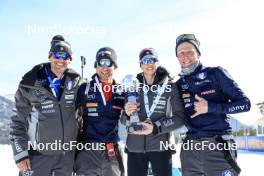 16.03.2024, Canmore, Canada (CAN): Alexander Inderst (ITA), coach Team Italy, Mirco Romanin (ITA), Lisa Vittozzi (ITA), Jonne Kahkonen (FIN), (l-r) - IBU World Cup Biathlon, cups, Canmore (CAN). www.nordicfocus.com. © Manzoni/NordicFocus. Every downloaded picture is fee-liable.