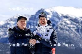 15.03.2024, Canmore, Canada (CAN): Olle Dahlin (SWE), IBU President, Tarjei Boe (NOR), (l-r) - IBU World Cup Biathlon, cups, Canmore (CAN). www.nordicfocus.com. © Manzoni/NordicFocus. Every downloaded picture is fee-liable.