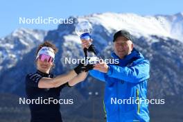 17.03.2024, Canmore, Canada (CAN): Lou Jeanmonnot (FRA), Olle Dahlin (SWE), IBU President, (l-r) - IBU World Cup Biathlon, trophies, Canmore (CAN). www.nordicfocus.com. © Manzoni/NordicFocus. Every downloaded picture is fee-liable.