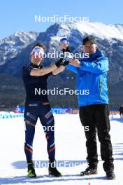 17.03.2024, Canmore, Canada (CAN): Lou Jeanmonnot (FRA), Olle Dahlin (SWE), IBU President, (l-r) - IBU World Cup Biathlon, trophies, Canmore (CAN). www.nordicfocus.com. © Manzoni/NordicFocus. Every downloaded picture is fee-liable.
