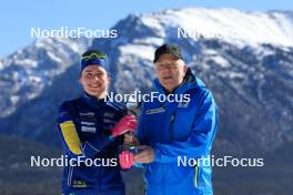 17.03.2024, Canmore, Canada (CAN): Elvira Oeberg (SWE), Olle Dahlin (SWE), IBU President, (l-r) - IBU World Cup Biathlon, trophies, Canmore (CAN). www.nordicfocus.com. © Manzoni/NordicFocus. Every downloaded picture is fee-liable.