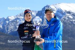 17.03.2024, Canmore, Canada (CAN): Lisa Vittozzi (ITA), Olle Dahlin (SWE), IBU President, (l-r) - IBU World Cup Biathlon, trophies, Canmore (CAN). www.nordicfocus.com. © Manzoni/NordicFocus. Every downloaded picture is fee-liable.
