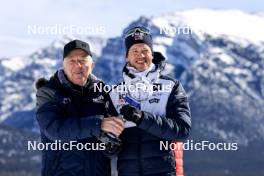 15.03.2024, Canmore, Canada (CAN): Olle Dahlin (SWE), IBU President, Tarjei Boe (NOR), (l-r) - IBU World Cup Biathlon, cups, Canmore (CAN). www.nordicfocus.com. © Manzoni/NordicFocus. Every downloaded picture is fee-liable.