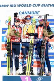17.03.2024, Canmore, Canada (CAN): Johannes Dale-Skjevdal (NOR), Johannes Thingnes Boe (NOR), Emilien Jacquelin (FRA), (l-r) - IBU World Cup Biathlon, mass men, Canmore (CAN). www.nordicfocus.com. © Manzoni/NordicFocus. Every downloaded picture is fee-liable.