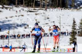 17.03.2024, Canmore, Canada (CAN): Justine Braisaz-Bouchet (FRA), Lena Haecki-Gross (SUI), (l-r) - IBU World Cup Biathlon, mass women, Canmore (CAN). www.nordicfocus.com. © Manzoni/NordicFocus. Every downloaded picture is fee-liable.