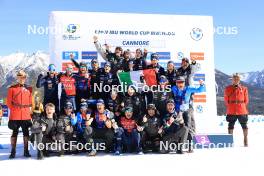 17.03.2024, Canmore, Canada (CAN): Elia Zeni (ITA), Patrick Braunhofer (ITA), Alexander Inderst (ITA), coach Team Italy, Beatrice Trabucchi (ITA), Samuela Comola (ITA), Michela Carrara (ITA), Jonne Kahkonen (FIN), Lisa Vittozzi (ITA), (l-r) - IBU World Cup Biathlon, mass women, Canmore (CAN). www.nordicfocus.com. © Manzoni/NordicFocus. Every downloaded picture is fee-liable.