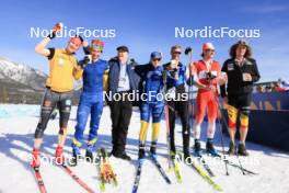 16.03.2024, Canmore, Canada (CAN): Benedikt Doll (GER), Peppe Femling (SWE), Olle Dahlin (SWE), IBU President, Mona Brorsson (SWE), Raido Raenkel (EST), Jules Burnotte (CAN), (l-r) - IBU World Cup Biathlon, pursuit men, Canmore (CAN). www.nordicfocus.com. © Manzoni/NordicFocus. Every downloaded picture is fee-liable.