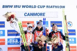 16.03.2024, Canmore, Canada (CAN): Lou Jeanmonnot (FRA), Lisa Vittozzi (ITA), Justine Braisaz-Bouchet (FRA), (l-r) - IBU World Cup Biathlon, pursuit women, Canmore (CAN). www.nordicfocus.com. © Manzoni/NordicFocus. Every downloaded picture is fee-liable.