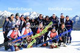 16.03.2024, Canmore, Canada (CAN): Julia Simon (FRA), Lou Jeanmonnot (FRA), Justine Braisaz-Bouchet (FRA), Jeanne Richard (FRA), Gilonne Guigonnat (FRA), Antonin Guigonnat (FRA), Sophie Chauveau (FRA), (l-r) - IBU World Cup Biathlon, pursuit women, Canmore (CAN). www.nordicfocus.com. © Manzoni/NordicFocus. Every downloaded picture is fee-liable.