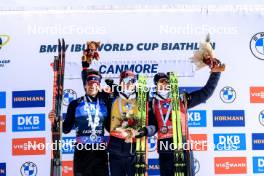 15.03.2024, Canmore, Canada (CAN): Tommaso Giacomel (ITA), Johannes Thingnes Boe (NOR), Tarjei Boe (NOR), (l-r) - IBU World Cup Biathlon, sprint men, Canmore (CAN). www.nordicfocus.com. © Manzoni/NordicFocus. Every downloaded picture is fee-liable.