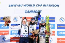14.03.2024, Canmore, Canada (CAN): Lou Jeanmonnot (FRA), Lisa Vittozzi (ITA), Lena Haecki-Gross (SUI), (l-r) - IBU World Cup Biathlon, sprint women, Canmore (CAN). www.nordicfocus.com. © Manzoni/NordicFocus. Every downloaded picture is fee-liable.