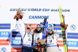 14.03.2024, Canmore, Canada (CAN): Lou Jeanmonnot (FRA), Lisa Vittozzi (ITA), Lena Haecki-Gross (SUI), (l-r) - IBU World Cup Biathlon, sprint women, Canmore (CAN). www.nordicfocus.com. © Manzoni/NordicFocus. Every downloaded picture is fee-liable.