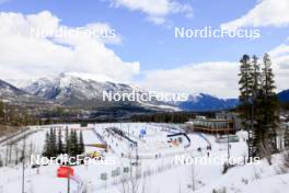 13.03.2024, Canmore, Canada (CAN): Event Feature: Overview over the biathlon stadium with the shooting range, the finish, the penalty loop, the warm up area and the start - IBU World Cup Biathlon, training, Canmore (CAN). www.nordicfocus.com. © Manzoni/NordicFocus. Every downloaded picture is fee-liable.