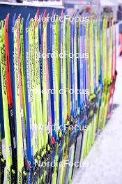 24.01.2024, Brezno-Osrblie, Slovakia (SVK): Event Feature: Fluor tested skis are lined up in the rack at the start - IBU Open European Championships Biathlon, individual men, Brezno-Osrblie (SVK). www.nordicfocus.com. © Reichert/NordicFocus. Every downloaded picture is fee-liable.