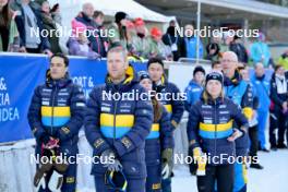 28.01.2024, Brezno-Osrblie, Slovakia (SVK): Event Feature: Swedish team sings the national anthem - IBU Open European Championships Biathlon, medals, Brezno-Osrblie (SVK). www.nordicfocus.com. © Reichert/NordicFocus. Every downloaded picture is fee-liable.