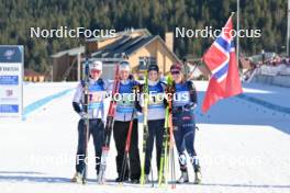 28.01.2024, Brezno-Osrblie, Slovakia (SVK): Isak Frey (NOR), Johan-Olav Botn (NOR), Ida Lien (NOR), Maren Kirkeeide (NOR), (l-r) - IBU Open European Championships Biathlon, mixed relay, Brezno-Osrblie (SVK). www.nordicfocus.com. © Reichert/NordicFocus. Every downloaded picture is fee-liable.