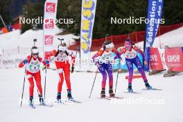 23.03.2024, Meribel, France (FRA): Themice Fontaine (FRA), Rosalie Odile (FRA), Zelie Roy (FRA), Fiona Laurent (FRA), (l-r) - French Championships biathlon, relay, Meribel (FRA). www.nordicfocus.com. © Thibaut/NordicFocus. Every downloaded picture is fee-liable.
