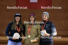 23.03.2024, Oberwald, Switzerland (SUI): Lena Haecki-Gross (SUI), Aita Gasparin (SUI), Lydia Hiernickel (SUI), (l-r) - Swiss Championships biathlon, prize giving ceremony, Oberwald (SUI). www.nordicfocus.com. © Manzoni/NordicFocus. Every downloaded picture is fee-liable.