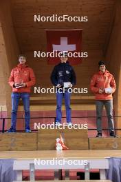 23.03.2024, Oberwald, Switzerland (SUI): Vince Vogel (SUI), Bjoern Niederhauser (SUI), Remo Burch (SUI), (l-r) - Swiss Championships biathlon, prize giving ceremony, Oberwald (SUI). www.nordicfocus.com. © Manzoni/NordicFocus. Every downloaded picture is fee-liable.