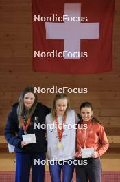 23.03.2024, Oberwald, Switzerland (SUI): Lena Baumann (SUI), Alessia Laager (SUI), Giannina Piller (SUI), (l-r) - Swiss Championships biathlon, prize giving ceremony, Oberwald (SUI). www.nordicfocus.com. © Manzoni/NordicFocus. Every downloaded picture is fee-liable.