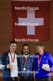 23.03.2024, Oberwald, Switzerland (SUI): Niklas Hartweg (SUI), Jeremy Finello (SUI), Sebastian Stalder (SUI), (l-r) - Swiss Championships biathlon, prize giving ceremony, Oberwald (SUI). www.nordicfocus.com. © Manzoni/NordicFocus. Every downloaded picture is fee-liable.