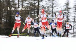 23.03.2024, Ulrichen, Switzerland (SUI): Jeremy Finello (SUI), Sebastian Stalder (SUI), Joscha Burkhalter (SUI), Niklas Hartweg (SUI), Gion Stalder (SUI), Yannik Kreuzer (SUI), (l-r) - Swiss Championships biathlon, mass, Ulrichen (SUI). www.nordicfocus.com. © Manzoni/NordicFocus. Every downloaded picture is fee-liable.