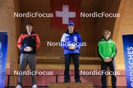 23.03.2024, Oberwald, Switzerland (SUI): Jesco Mengis (SUI), Levin Kunz (SUI), Tobit Keller (SUI), (l-r) - Swiss Championships biathlon, prize giving ceremony, Oberwald (SUI). www.nordicfocus.com. © Manzoni/NordicFocus. Every downloaded picture is fee-liable.