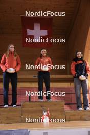 23.03.2024, Oberwald, Switzerland (SUI): Eliane Kiser (SUI), Giannina Piller (SUI), Sophia Imwinkelried (SUI), (l-r) - Swiss Championships biathlon, prize giving ceremony, Oberwald (SUI). www.nordicfocus.com. © Manzoni/NordicFocus. Every downloaded picture is fee-liable.