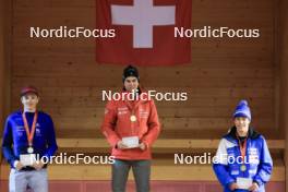 23.03.2024, Oberwald, Switzerland (SUI): Pablo Baselgia (SUI), Remo Burch (SUI), Levin Kunz (SUI), (l-r) - Swiss Championships biathlon, prize giving ceremony, Oberwald (SUI). www.nordicfocus.com. © Manzoni/NordicFocus. Every downloaded picture is fee-liable.