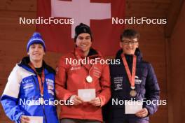 23.03.2024, Oberwald, Switzerland (SUI): Levin Kunz (SUI), Remo Burch (SUI), Bjoern Niederhauser (SUI), (l-r) - Swiss Championships biathlon, prize giving ceremony, Oberwald (SUI). www.nordicfocus.com. © Manzoni/NordicFocus. Every downloaded picture is fee-liable.