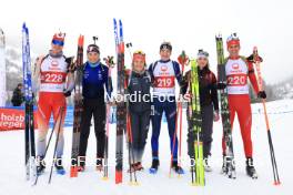 24.03.2024, Ulrichen, Switzerland (SUI): Sandro Bovisi (SUI), Sari Elena Egger (SUI), Lea Meier (SUI), Jakob Richter (SUI), Sophia Imwinkelried (SUI), Remo Burch (SUI), (l-r) - Swiss Championships biathlon, single mixed relay, Ulrichen (SUI). www.nordicfocus.com. © Manzoni/NordicFocus. Every downloaded picture is fee-liable.